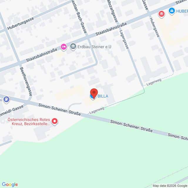 Lehrlingsportal.at Karte mit der Lage von BILLA am Lagerweg, in der Nähe der Simon-Scheiner-Straße in Österreich, mit Angabe der umliegenden Straßen und Sehenswürdigkeiten.