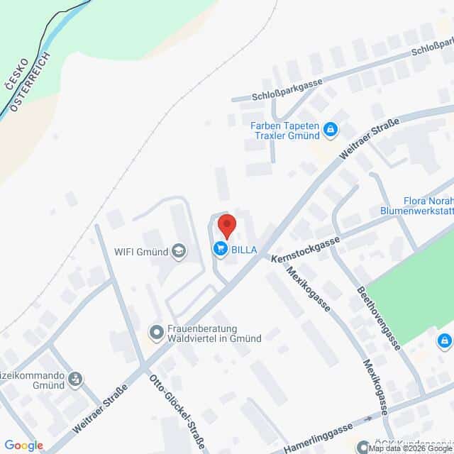 Lehrlingsportal.at Karte mit dem Standort einer BILLA-Filiale in Gmünd, Österreich, in der Nähe von Kernstockgasse und Otter-Glocke-Straße, mit Kennzeichnung der umliegenden Geschäfte und Straßen.