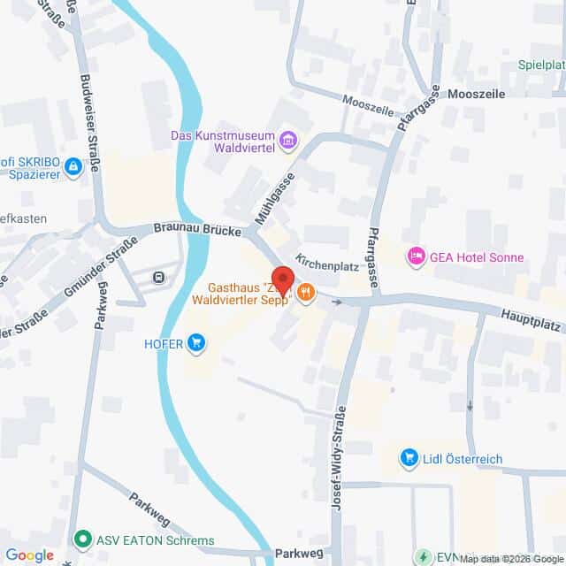 Lehrlingsportal.at Eine Karte zeigt die Lage von Gasthaus Waldviertler Sepp in Schrems, Österreich, in der Nähe von Sehenswürdigkeiten wie HOFER und Lidl Österreich.
