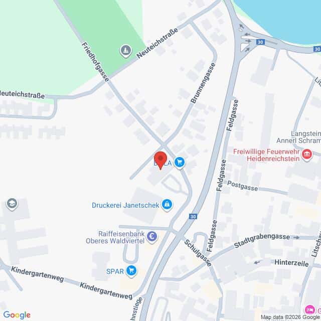 Lehrlingsportal.at Karte eines Teils von Heidenreichstein, Österreich, mit Markierungen für den SPAR-Supermarkt, die Raiffeisenbank und die Druckerei Janetschek in der Nähe der Friedrichgasse und der Neuteichstraße.