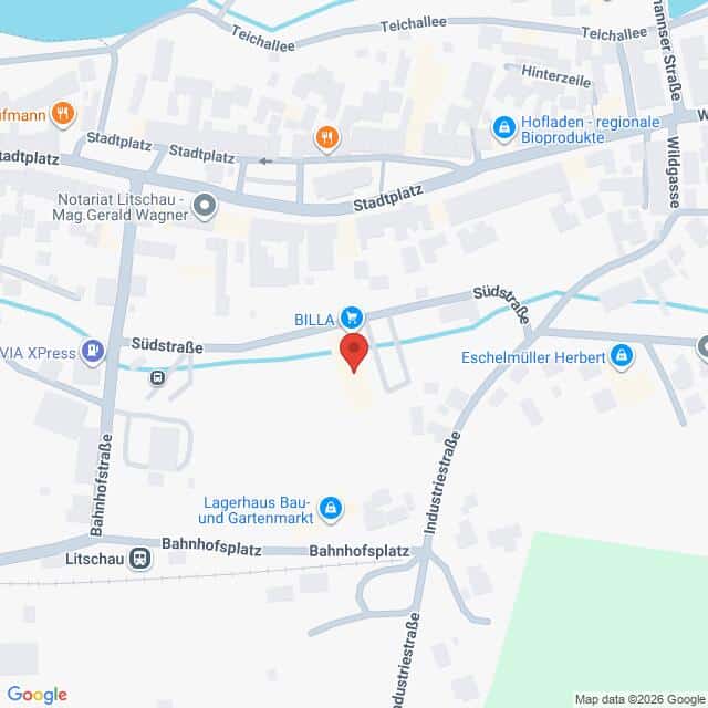 Lehrlingsportal.at Die Karte zeigt einen Ausschnitt von Litschau, Österreich, in dessen Mittelpunkt ein BILLA-Supermarkt in der Südstraße steht, mit Beschriftung der umliegenden Straßen und Sehenswürdigkeiten.