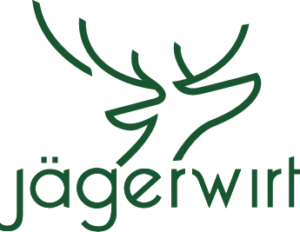 Lehrlingsportal.at Grüne minimalistische Strichzeichnung eines Hirschkopfes über dem Wort "Jägerwirt" in stilisierter Kleinschrift mit Umlauten über dem "a".