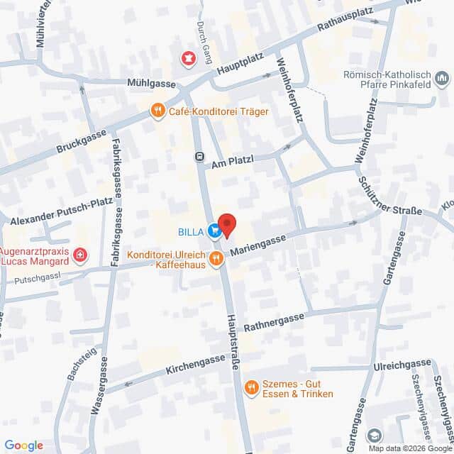 Lehrlingsportal.at Eine digitale Karte mit Straßen und Geschäften in einem Stadtzentrum, darunter BILLA, Cafés und eine Kirche, mit einem roten Standortmarker in der Mitte.