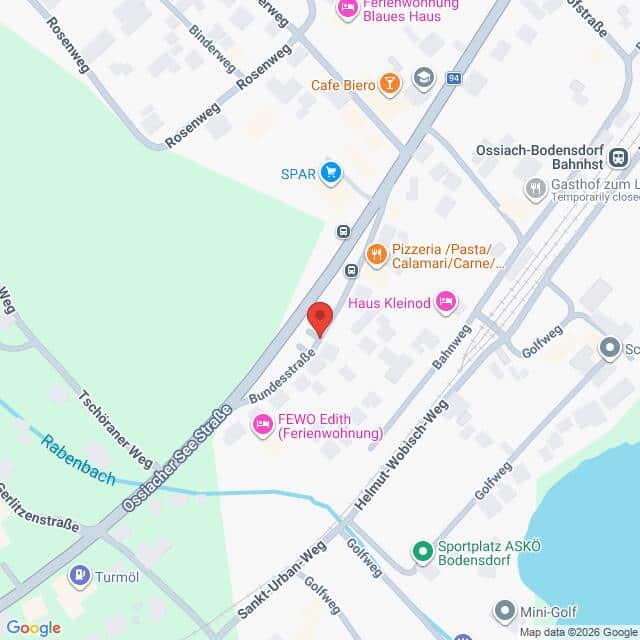 Lehrlingsportal.at Karte mit einem Ausschnitt von Ossiach-Bodensdorf, Österreich, mit Straßen, Geschäften und Sehenswürdigkeiten, einschließlich SPAR, Sportplatz ASKÖ Bodensdorf und Bahnhofs in der Nähe.