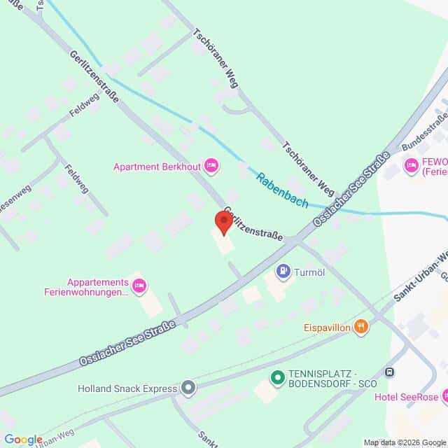 Lehrlingsportal.at Eine Karte, die den Standort eines Gebäudes in der Fritzenstraße in der Nähe der Straße Ossiacher See in Bodensdorf, Österreich, zeigt, mit Beschriftung der nahe gelegenen Geschäfte und Sehenswürdigkeiten.