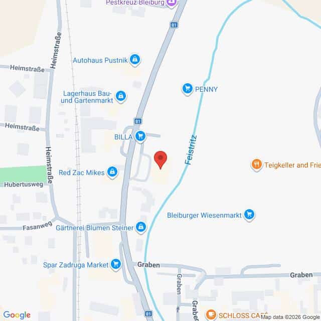 Lehrlingsportal.at Eine digitale Karte, die einen Ausschnitt von Bleiburg, Österreich, zeigt, mit einer roten Standortnadel in der Nähe von BILLA und nahegelegenen Sehenswürdigkeiten wie PENNY und Bleiburger Wiesenmarkt.