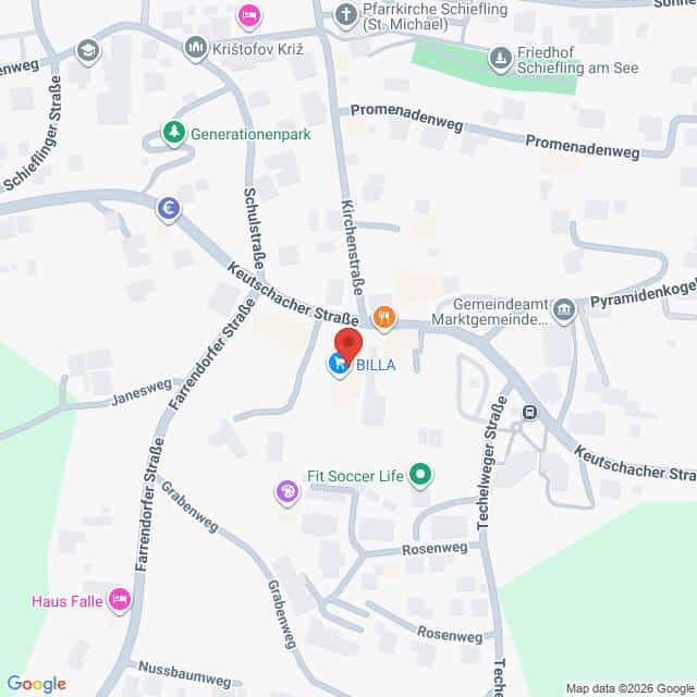 Lehrlingsportal.at Karte der Gegend um die Keutschacher Straße in Schiefling am See, Österreich, mit beschrifteten Straßen, Parks, Geschäften und Sehenswürdigkeiten.