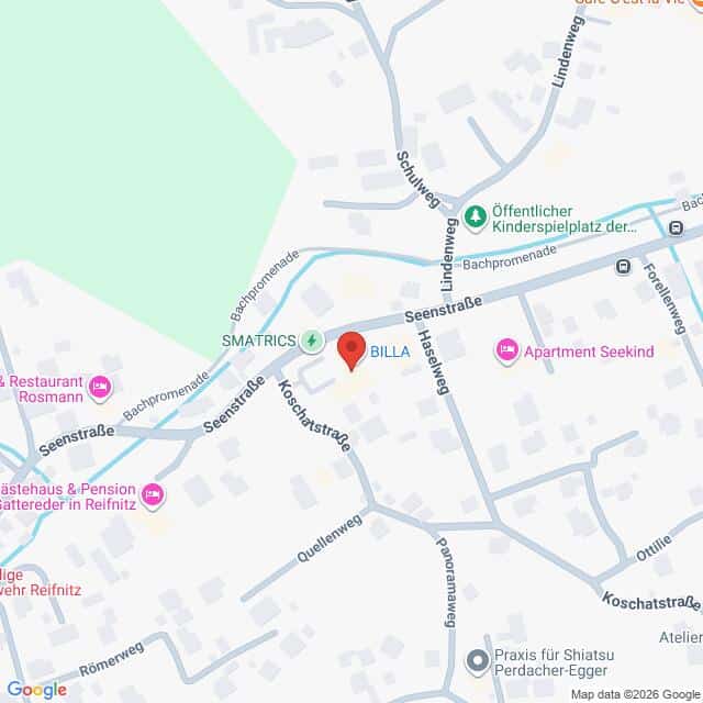 Lehrlingsportal.at Eine Karte, die die Kreuzung der Seenstraße mit der Koschatstraße in einem Viertel zeigt, in dem Geschäfte und Einrichtungen in der Nähe eingezeichnet sind.