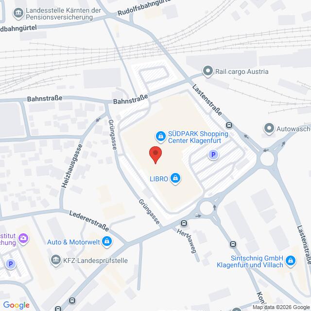 Lehrlingsportal.at Karte mit der Lage des SÜDPARK Shopping Center Klagenfurt, hervorgehoben mit einer roten Markierung, in der Nähe von Bahnstraße und Lastenstraße in Klagenfurt, Österreich.