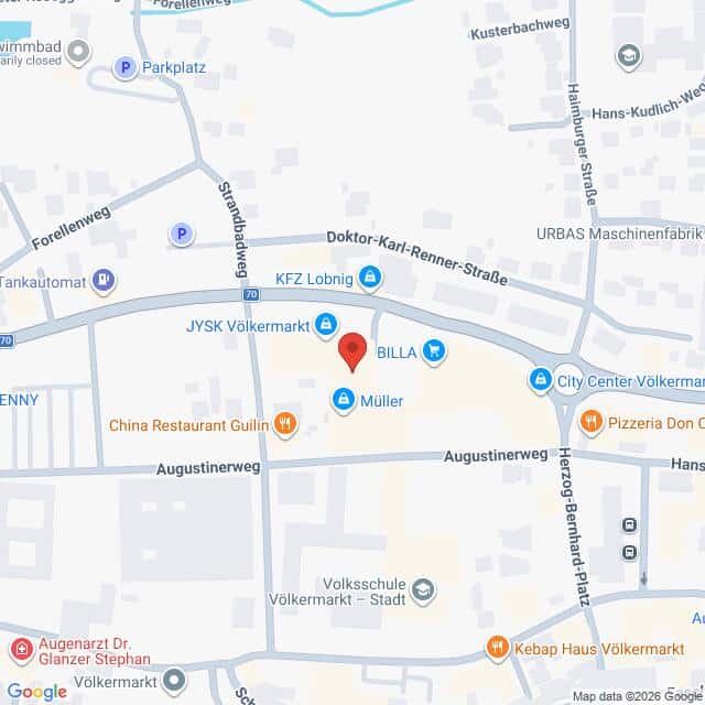 Lehrlingsportal.at Eine Karte, die einen Ausschnitt von Völkermarkt, Österreich, zeigt, auf der verschiedene Geschäfte, Straßen und Sehenswürdigkeiten eingezeichnet sind, darunter BILLA und Müller.