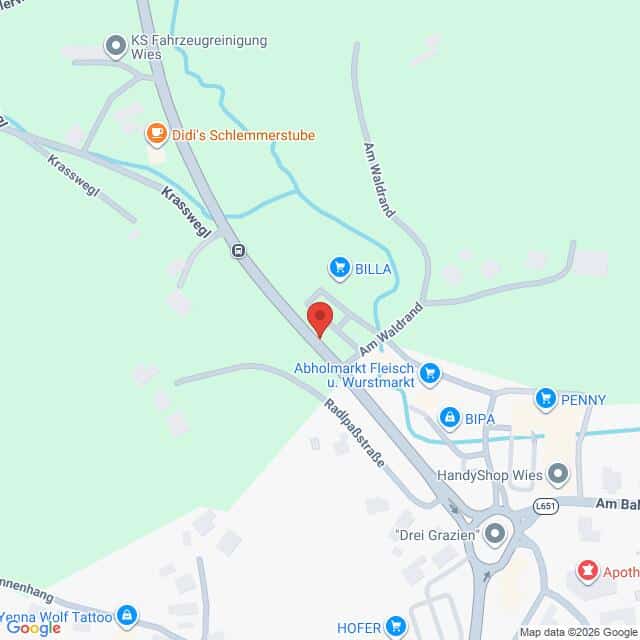 Lehrlingsportal.at Die Karte zeigt einen Ausschnitt von Wies, Österreich, und hebt Orte wie BILLA, PENNY, HOFER, eine Apotheke und den Abholmarkt Fleisch u. Wurstmarkt nahe der Rapoldistraße hervor.