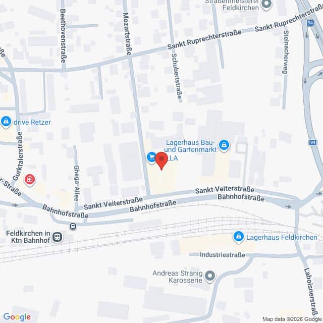 Lehrlingsportal.at Eine Karte, die das Gebiet um die Sankt Ruprechterstraße und die Bahnhofstraße in Feldkirchen, Österreich, zeigt, mit mehreren beschrifteten Geschäften und Straßen.
