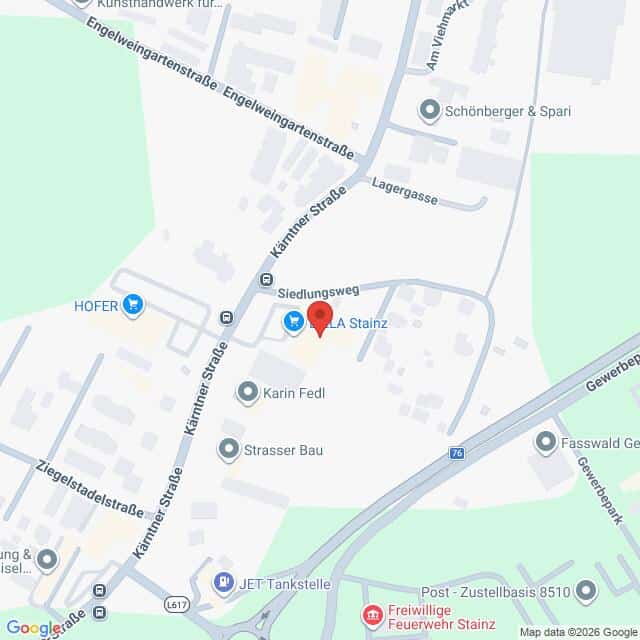 Lehrlingsportal.at Eine digitale Karte zeigt Straßen und Geschäfte in Stainz, Österreich, einschließlich Engelweingartensiedlung, Siedlungsweg und nahe gelegene Sehenswürdigkeiten wie HOFER und JET Tankstelle.