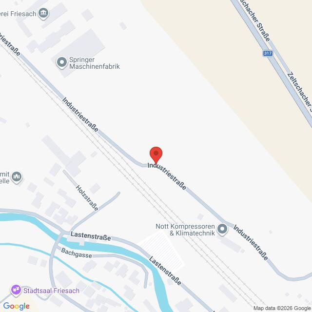 Lehrlingsportal.at Die Karte zeigt einen markierten Standort in der Industriestraße in Friesach, Österreich, nahe der Kreuzung mit der Lastenstraße und in der Nähe von Industriegebäuden.