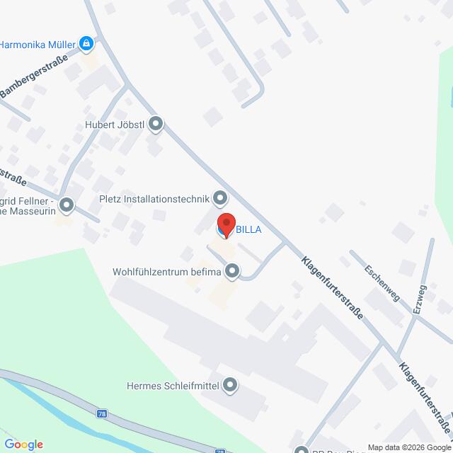 Lehrlingsportal.at Karte mit der Lage von BILLA in der Klagenfurter Straße, mit Beschriftung der umliegenden Straßen und Geschäfte, einschließlich Hermes Schleifmittel und Wohlfühlzentrum befima.