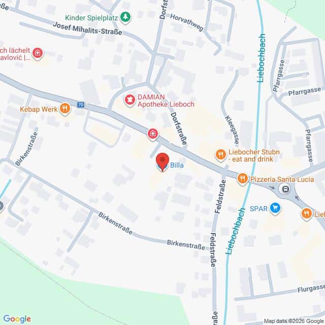 Lehrlingsportal.at Karte der Umgebung der Dorfstraße in Lieboch, Österreich, mit Hervorhebung von Orten wie Billa, SPAR und nahegelegenen Restaurants und Straßen.