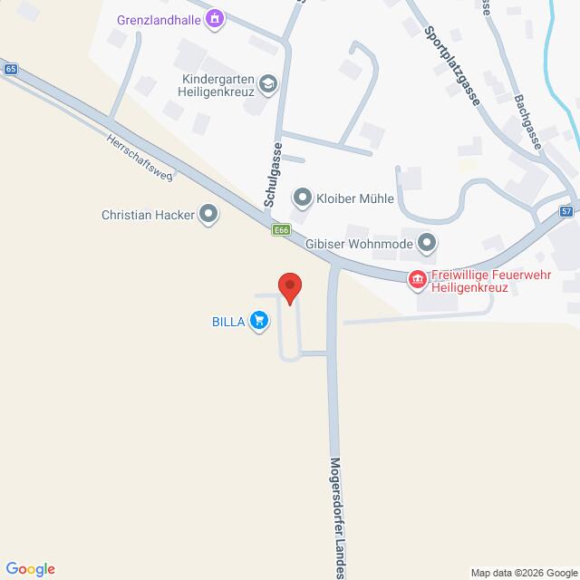 Lehrlingsportal.at Karte mit der Lage von BILLA auf der Mogersdorfer Landstraße in Heiligenkreuz, Österreich, mit Markierung der nahe gelegenen Sehenswürdigkeiten und Straßen.
