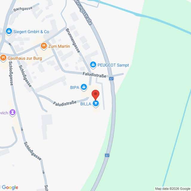 Lehrlingsportal.at Karte eines Abschnitts der Faludistraße mit eingezeichneten Standorten, darunter BIPA, BILLA, PEUGEOT Sampt und nahe gelegene Straßen in einem kleinen Stadtgebiet.