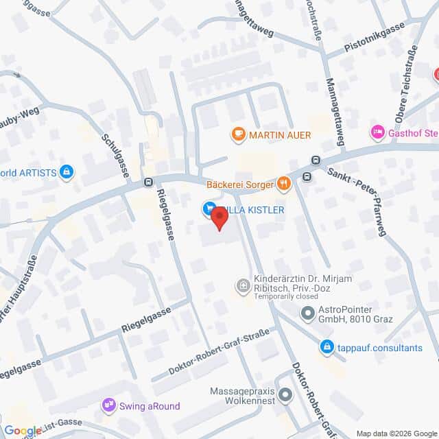 Lehrlingsportal.at Karte mit einem Ausschnitt von Graz, Österreich, auf der Orte wie die Villa Kistler, MARTIN AUER, Bäckerei Sorger und nahe gelegene Straßen eingezeichnet sind.