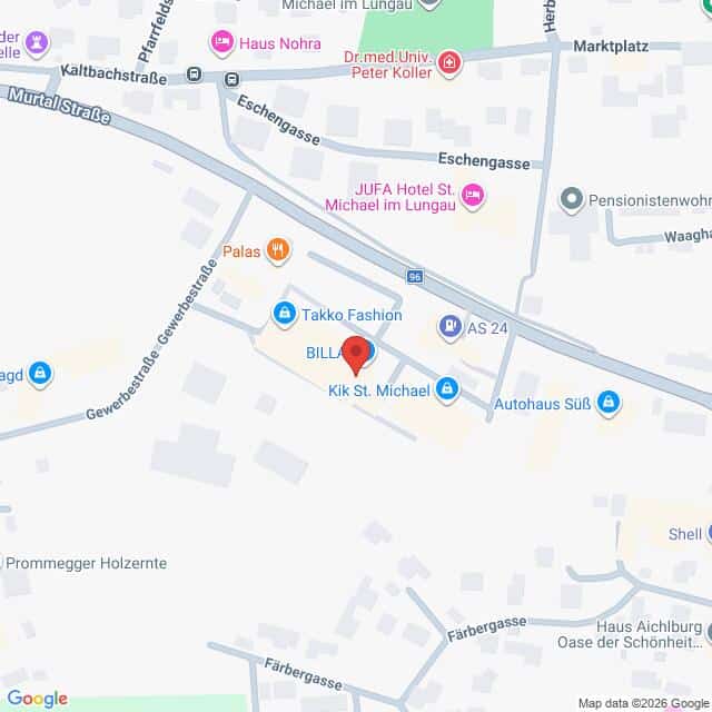 Lehrlingsportal.at Die Karte zeigt einen Ausschnitt von St. Michael im Lungau, Österreich, und hebt Orte wie BILLA, Kik St. Michael, Takko Fashion und nahe gelegene Straßen hervor.