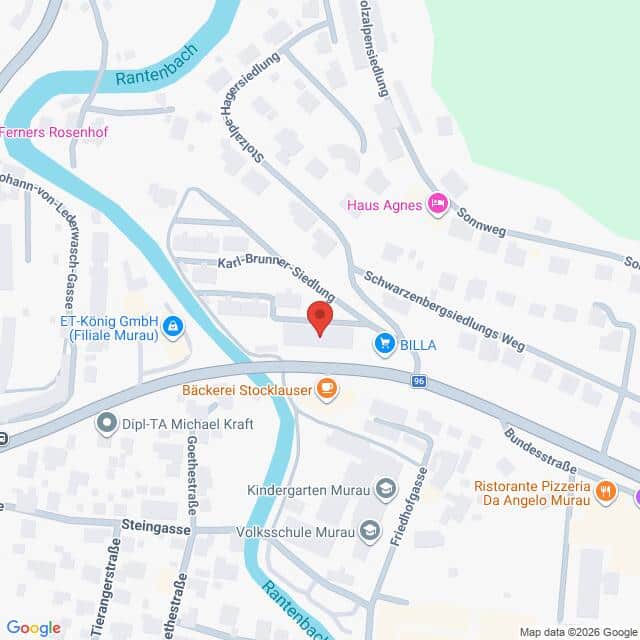 Lehrlingsportal.at Eine Karte mit Straßen und Geschäften in Murau, Österreich, darunter der Supermarkt BILLA, eine Bäckerei, ein Kindergarten und eine Pizzeria in der Nähe des Rantenbachs.