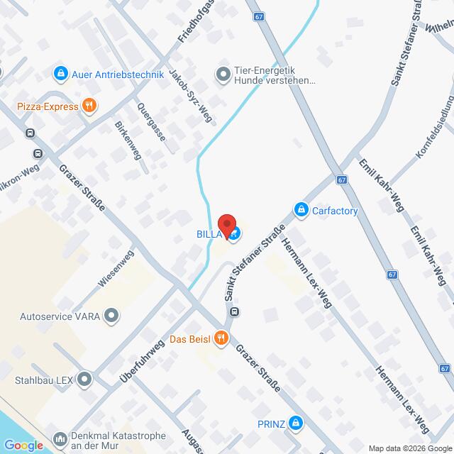 Lehrlingsportal.at Eine Karte, die den Standort von BILLA in der Sankt-Stefaner-Straße in einer Nachbarschaft zeigt, in der nahegelegene Straßen und Geschäfte markiert sind.