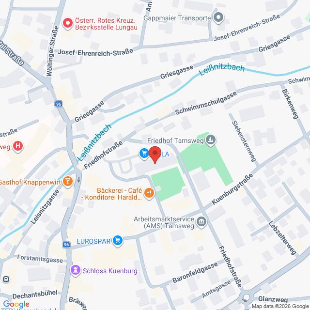 Lehrlingsportal.at Karte eines Teils von Tamsweg, Österreich, mit Straßen, lokalen Unternehmen, Sehenswürdigkeiten und dem Leißnitzbach.