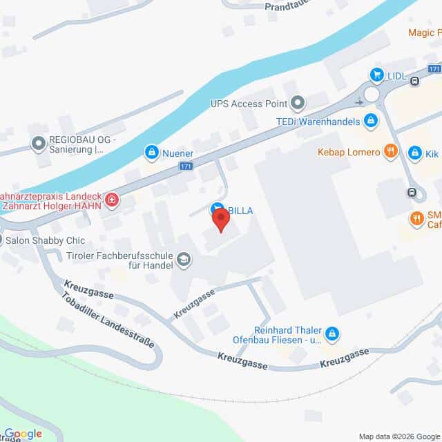 Lehrlingsportal.at Karte mit der Lage des BILLA-Supermarkts in der Kreuzgasse in Landeck, Österreich, mit Markierung der umliegenden Geschäfte und Sehenswürdigkeiten.