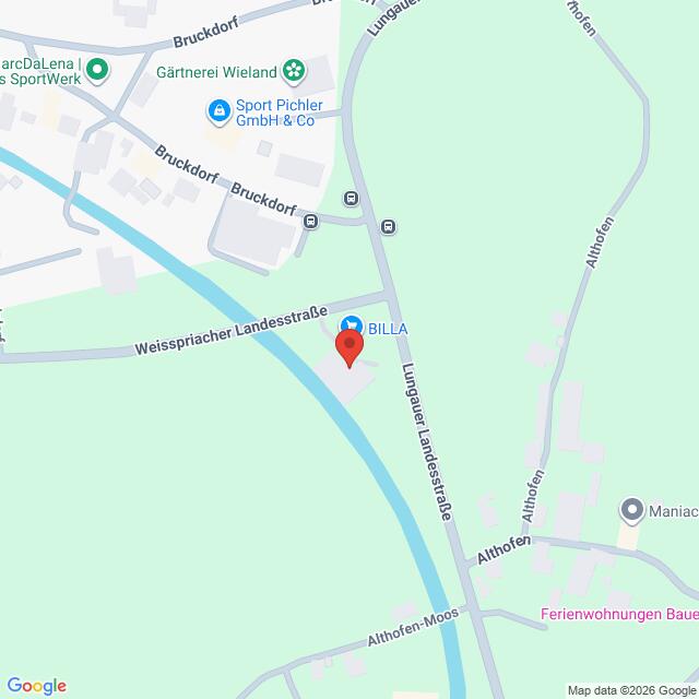 Lehrlingsportal.at Die Karte zeigt einen Ausschnitt von Althofen, Österreich, mit Straßen, einem Fluss und Stecknadeln, die Orte wie BILLA und Sport Pichler GmbH & Co.