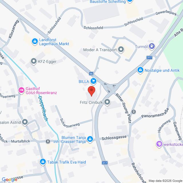 Lehrlingsportal.at Ein Stadtplan mit mehreren Geschäften und Sehenswürdigkeiten in einem städtischen Gebiet, darunter BILLA, Fritz Cinibulk und Gast Hof Götzl-Rosenkranz.