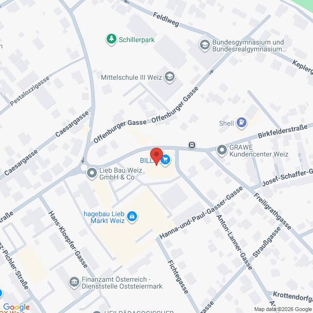 Lehrlingsportal.at Eine Karte zeigt einen markierten Standort in der Nähe der Offengrubergasse und der Hanna-und-Paul-Gasser-Gasse in Weiz, Österreich, umgeben von verschiedenen Unternehmen und Schulen.