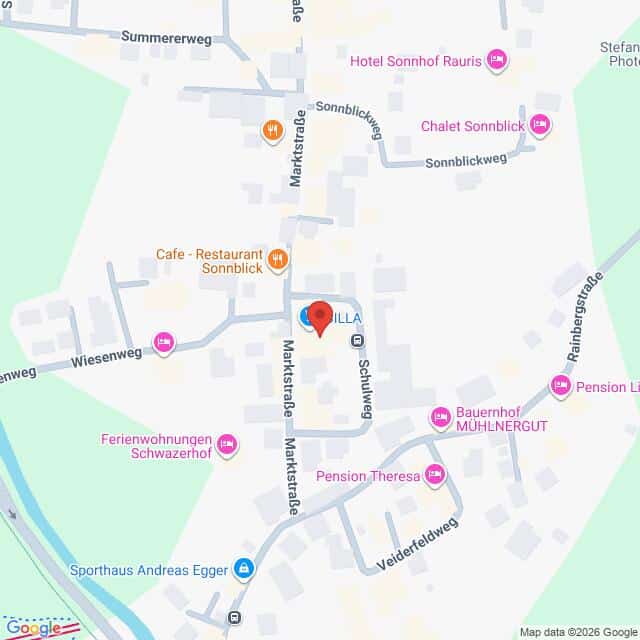Lehrlingsportal.at Karte eines Teils von Rauris, Österreich, mit Straßen, Hotels, Cafés und lokalen Geschäften in der Nähe von Marktstraße und Sonnblickweg.