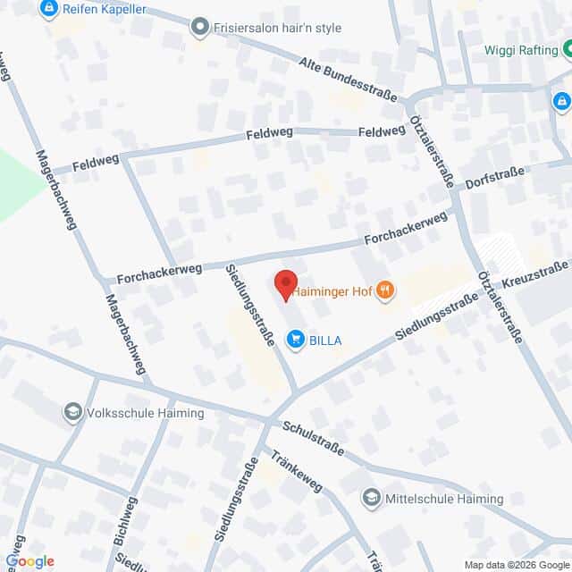 Lehrlingsportal.at Eine Karte zeigt die Lage des Haiminger Hofs in Haiming, Österreich, mit nahegelegenen Straßen und Wahrzeichen, einschließlich BILLA und Volksschule Haiming.