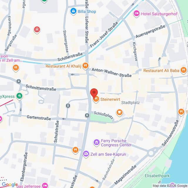 Lehrlingsportal.at Karte des Zentralbereichs von Zell am See, Österreich, mit den wichtigsten Straßen, Restaurants, Hotels und Sehenswürdigkeiten wie dem Stadtplatz und dem Ferry Porsche Congress Center.