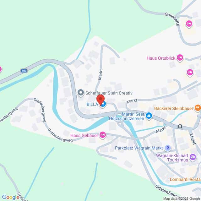 Lehrlingsportal.at Kartenansicht eines Stadtzentrums mit beschrifteten Standorten wie BILLA, Haus Gebauer, Martin Seer Holzschnitzereien und nahe gelegenen Straßen wie Markt und Grafenbergweg.