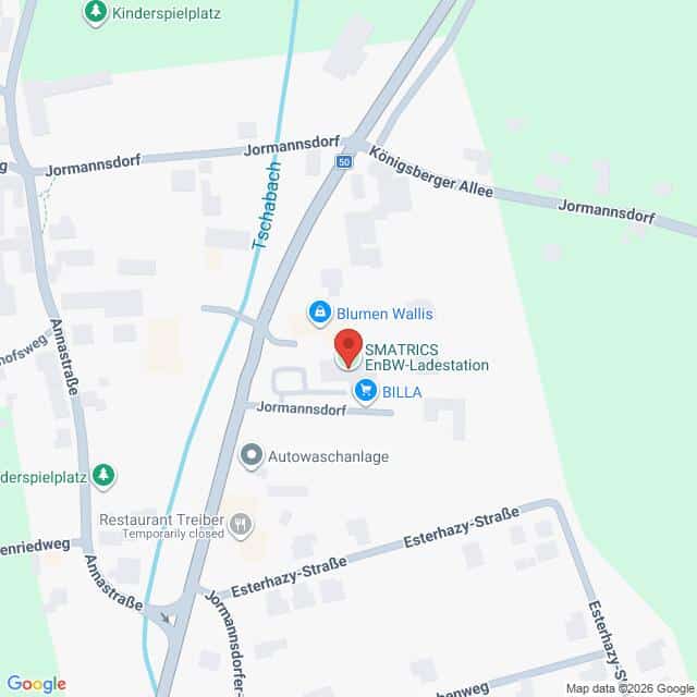 Lehrlingsportal.at Eine Karte, die den Standort von SMATRICS EnBW-Ladestation, BILLA und Blumen Wallis in der Nähe von Jormannsdorf zeigt, mit Beschriftung der umliegenden Straßen.