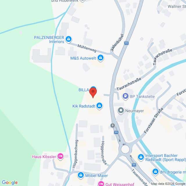 Lehrlingsportal.at Eine Karte, die die Lage von BILLA in Radstadt, Österreich, zeigt, mit Markierung der nahegelegenen Unternehmen und Straßen.