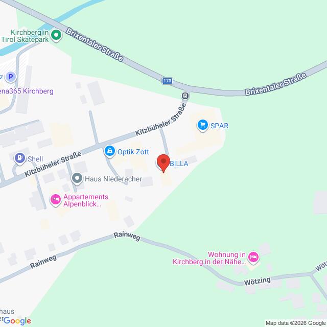Lehrlingsportal.at Karte mit der Lage des BILLA-Supermarkts in der Nähe der Kitzbüheler Straße und des Rainwegs in Kirchberg, mit Beschriftung der umliegenden Geschäfte und Straßen.