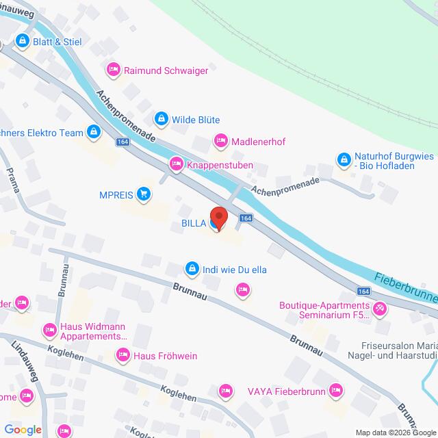 Lehrlingsportal.at Eine Karte mit Standorten in Fieberbrunn, Österreich, mit Markierungen für Supermärkte, Geschäfte, Wohnungen und andere lokale Unternehmen und Einrichtungen.