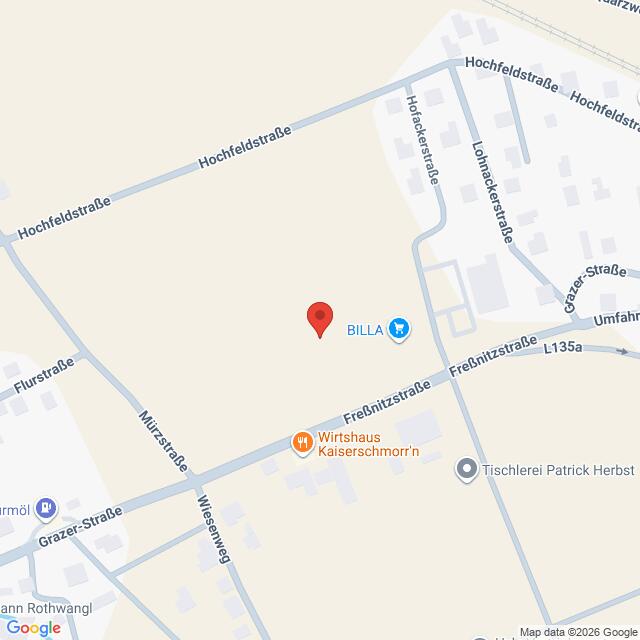 Lehrlingsportal.at Die Karte zeigt einen mit einer roten Stecknadel markierten Standort in der Nähe der Hochfeldstraße und der Freßnitzstraße, mit nahe gelegenen Orten wie BILLA und Wirtshaus Kaiserschmorr'n.