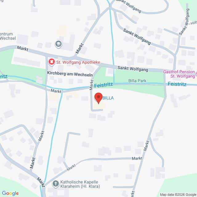 Lehrlingsportal.at Karte mit der Lage von BILLA in Feistritz, Kirchberg am Wechsel, mit Beschriftung der umliegenden Straßen, Sehenswürdigkeiten und Geschäfte.