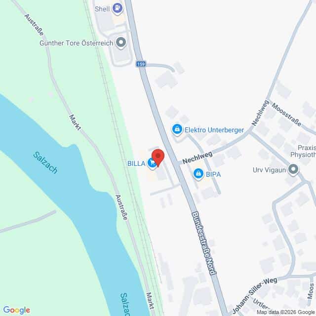 Lehrlingsportal.at Eine Karte, die den Standort von BILLA in der Nähe des Flusses Salzach und der Bundesstraße Nord in Österreich zeigt, mit Beschriftung der nahe gelegenen Geschäfte und Straßen.