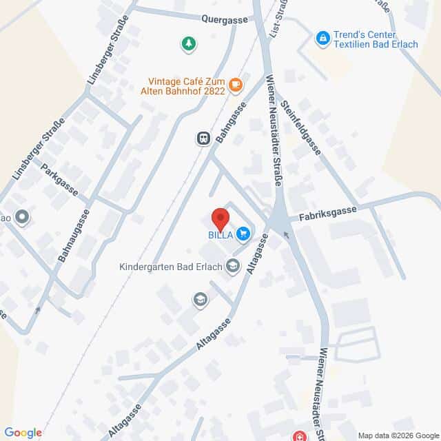 Lehrlingsportal.at Karte mit zentraler Lage in Bad Erlach, Österreich, mit Hervorhebung des BILLA-Supermarkts, nahe gelegenen Straßen und Sehenswürdigkeiten wie einem Café und einem Kindergarten.