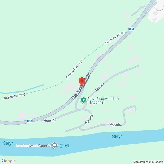 Lehrlingsportal.at Eine Karte, die das Gebiet um Agonitz in der Nähe des Flusses Steyr zeigt, mit Straßen wie der Kirchdorfer Straße und dem Steyrtal-Radweg. Beschriftet sind die Orte Laufkraftwerk Agonitz und Steyr Flusswandern.