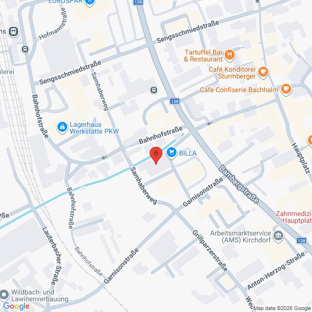 Lehrlingsportal.at Eine Karte mit Straßen und Geschäften in der Nähe der Bahnhofstraße in Kirchdorf, Österreich, mit markierten Sehenswürdigkeiten wie BILLA und Café Konditorei Stumberger.