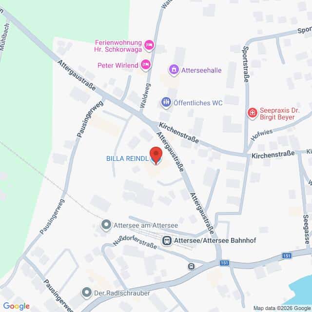 Lehrlingsportal.at Eine Karte, die die Lage von BILLA REINDL in der Attergaustraße hervorhebt, umgeben von lokalen Wahrzeichen und Straßen in der Umgebung.