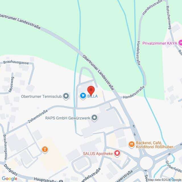 Lehrlingsportal.at Eine Karte mit der Lage des BILLA-Supermarktes in der Obertrumer Landestraße, in der Nähe der SALUS Apotheke und Bäckerei, Café, Konditorei Rößlhuber in Obertrum.