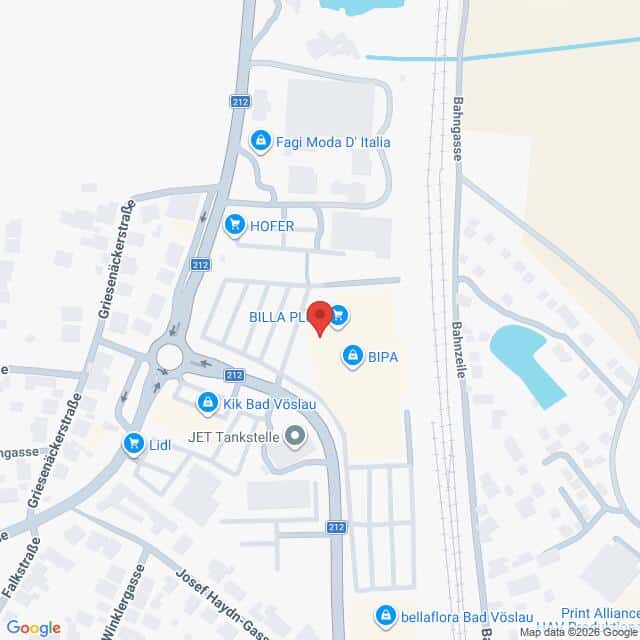 Lehrlingsportal.at Karte mit der Lage von BILLA PLUS und nahegelegenen Geschäften wie HOFER, Lidl, BIPA, und JET Tankstelle in Bad Vöslau, Österreich.