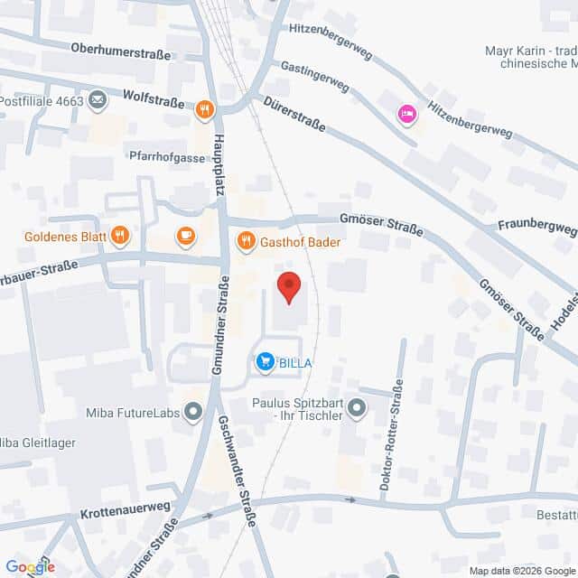 Lehrlingsportal.at Ein Stadtplan zeigt einen Ausschnitt mit Straßennamen, Geschäften und einer roten Standortnadel in der Nähe von Hauptplatz und Gmunder Straße.