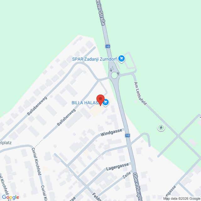 Lehrlingsportal.at Eine Karte mit der Lage von BILLA HALAS und SPAR Zadanj Zurndorf in der Badgasse Straße in Zurndorf, Österreich, mit Beschriftung der umliegenden Straßen und Geschäfte.